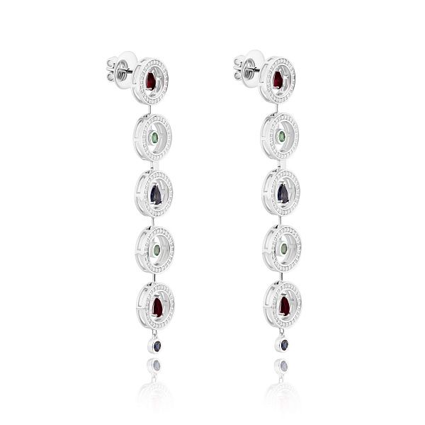 Пусеты из белого золота с изумрудами, сапфирами, рубинами и бриллиантами