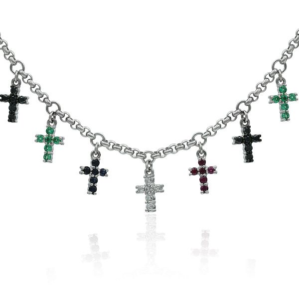 Колье из белого золота с сапфирами, рубинами, бриллиантами и изумрудами