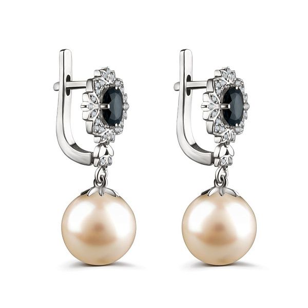 Серьги из белого золота с сапфирами, жемчугом и бриллиантами