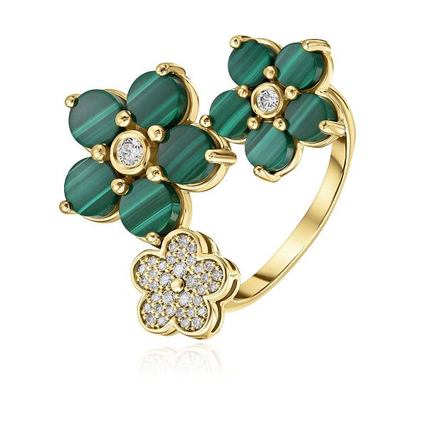 Кольцо из желтого золота с малахитом и бриллиантами