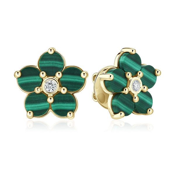 Пусеты из желтого золота с бриллиантами и малахитом