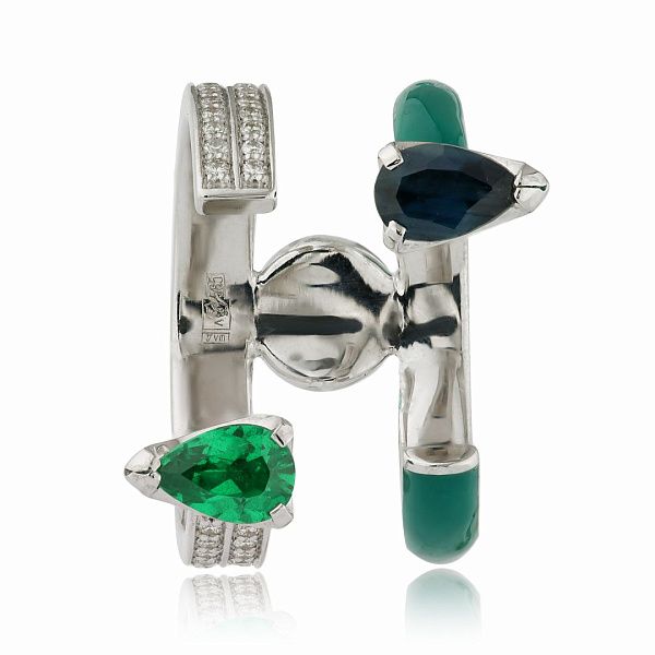 Кольцо из белого золота с сапфиром, гранатом и бриллиантами