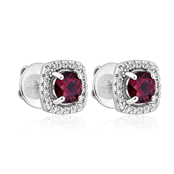 Пусеты из белого золота с бриллиантами и родолитами 1.3 ct