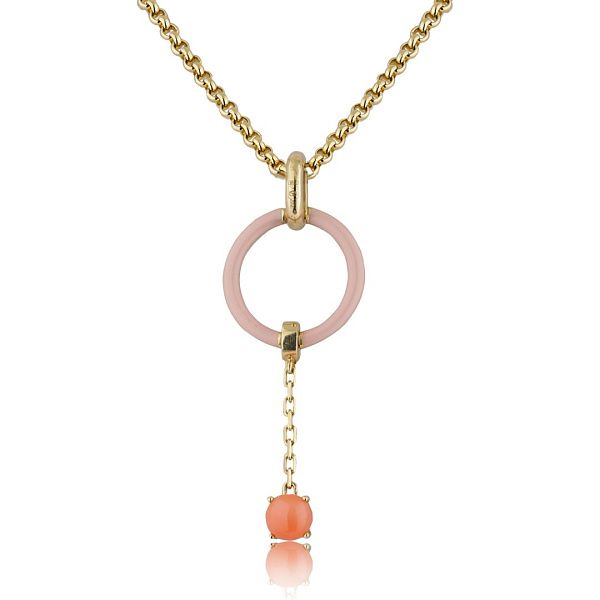 Колье из желтого золота с тремя съемными подвесками с бриллиантом и кораллом