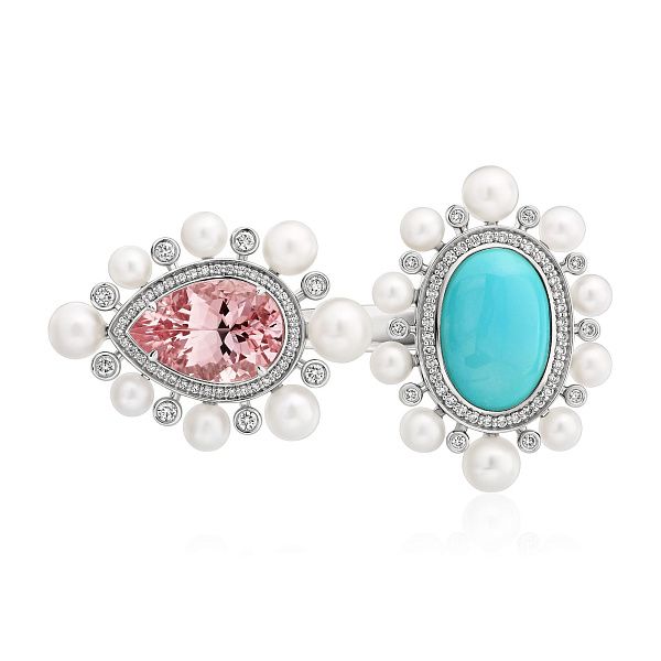 Кольцо из белого золота с бриллиантами, морганитом 4.84 ct, бирюзой и жемчугом