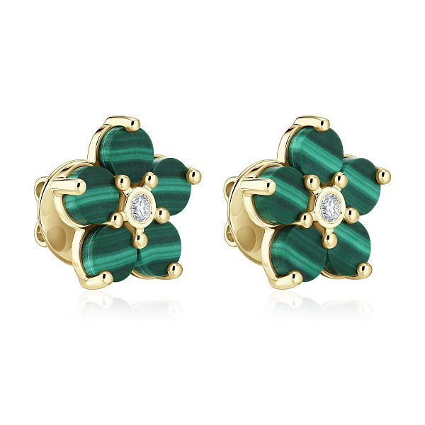 Пусеты из желтого золота с бриллиантами и малахитом