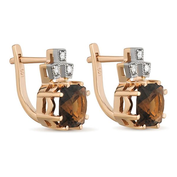 Серьги из красного золота с бриллиантами и кварцами