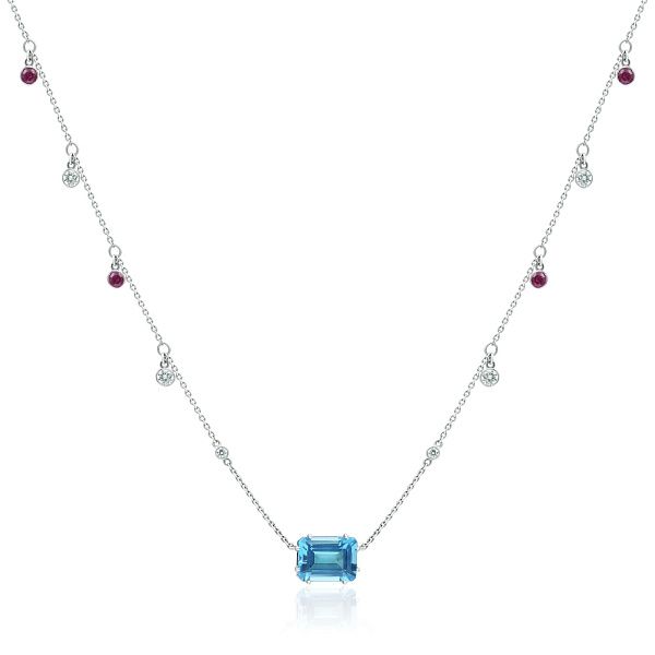 Колье из белого золота с топазом, рубинами и бриллиантами
