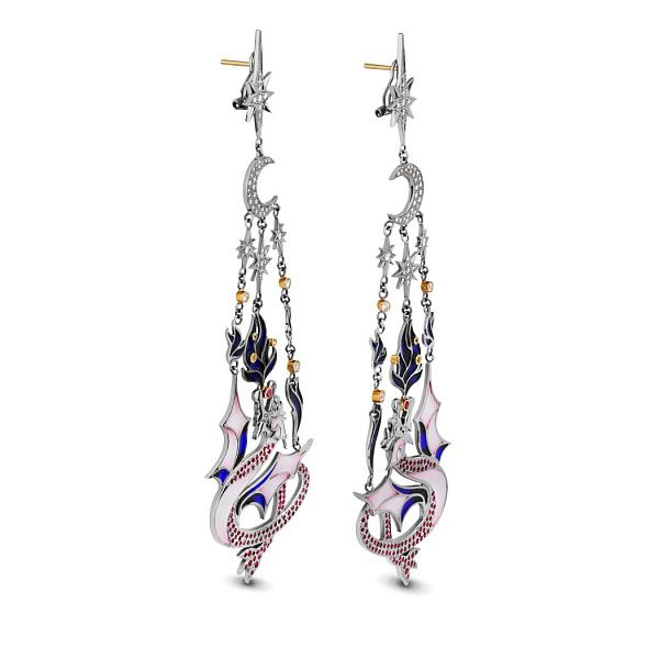 Серьги «Ночь на Везувии» из белого золота с бриллиантами, сапфирами и рубинами