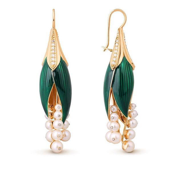 Серьги «Ландыши» из желтого золота с жемчугом и бриллиантами