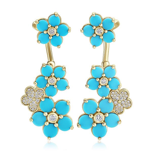 Серьги каффы из желтого золота с бирюзой и бриллиантами