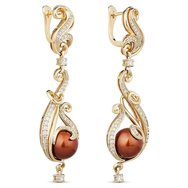 Серьги «Шоколад и мед» из желтого золота с бриллиантами и жемчугом