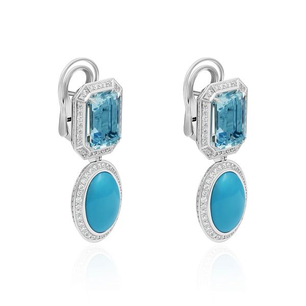 Серьги из белого золота с бриллиантами, аквамаринами 11.82 ct и бирюзой