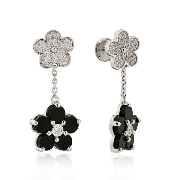 Пусеты из белого золота с ониксами и бриллиантами