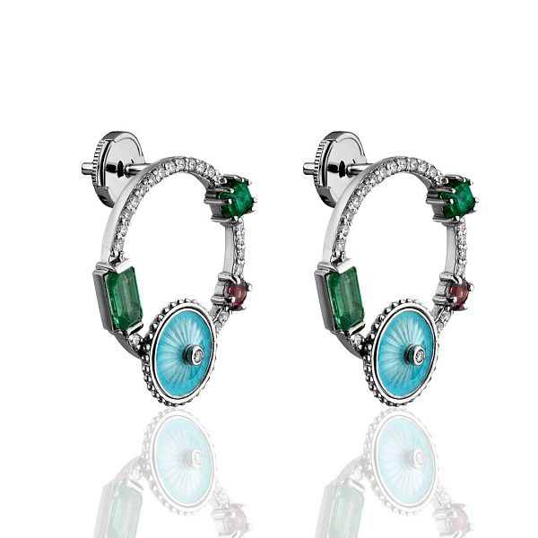 Пусеты из белого золота с изумрудами, турмалинами и бриллиантами