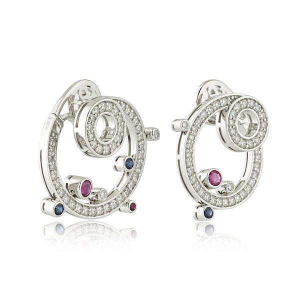 Пусеты из белого золота с рубинами, сапфирами и бриллиантами