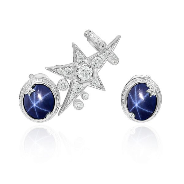 Серьги каффы из белого золота с сапфирами и бриллиантами