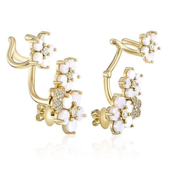 Серьги каффы из желтого золота с перламутром и бриллиантами