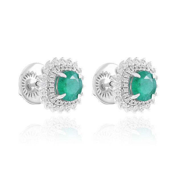 Пусеты из белого золота с бриллиантами и изумрудами  2.53 ct