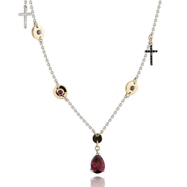 Колье из белого золота с топазами, рубинами, бриллиантами и родолитом