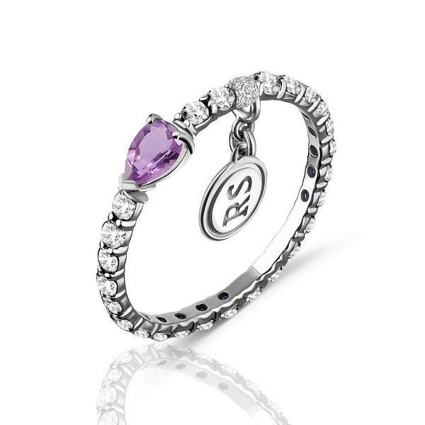 Кольцо из белого золота с сапфирами, бриллинтами и аметистом