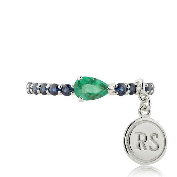 Кольцо из белого золота с изумрудом и сапфирами