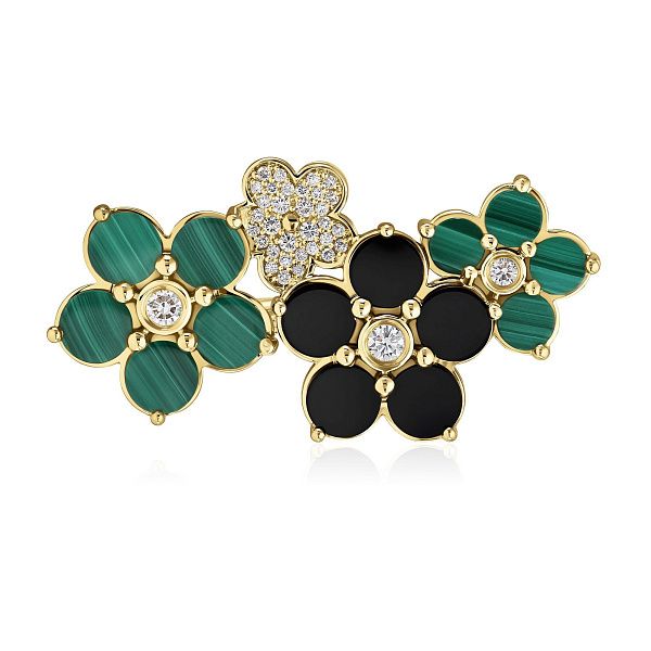 Кольцо из желтого золота с ониксом, малахитом и бриллиантами