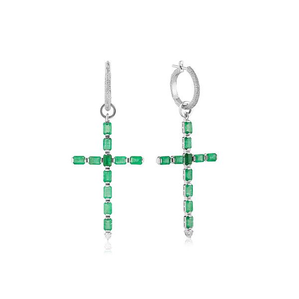 Серьги-кресты из белого золота с изумрудами и бриллиантами