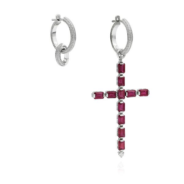 Серьги-кресты из белого золота с рубинами и бриллиантами
