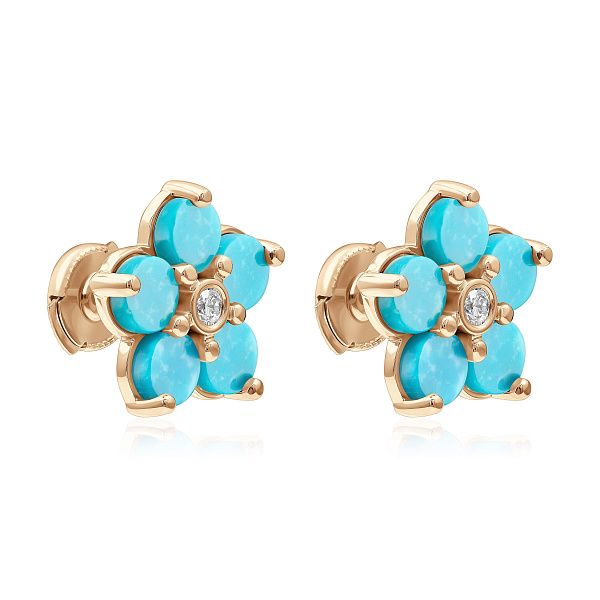 Пусеты из желтого золота с бирюзой и бриллиантами