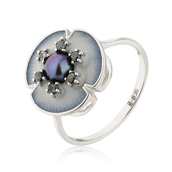 Кольцо из белого золота с жемчугом и бриллиантами