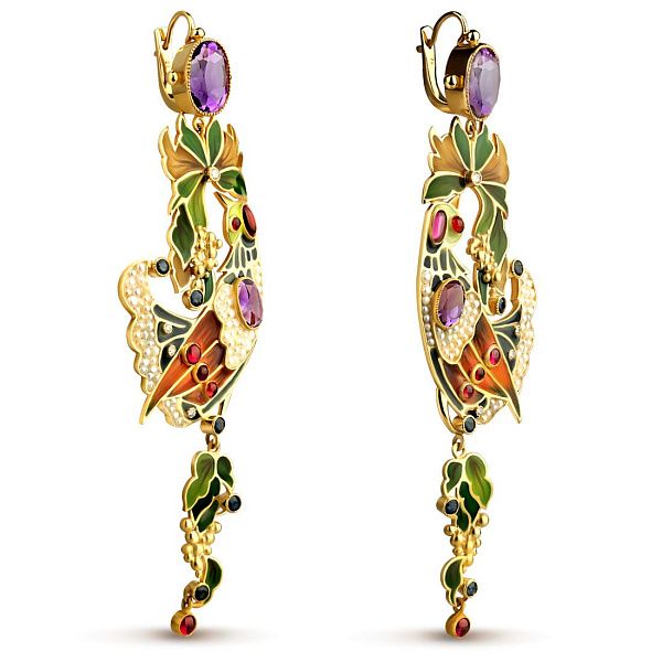 Серьги «Жар-птица» из желтого золота с бриллиантами, сапфирами, альмандинами, аметистами и жемчугом