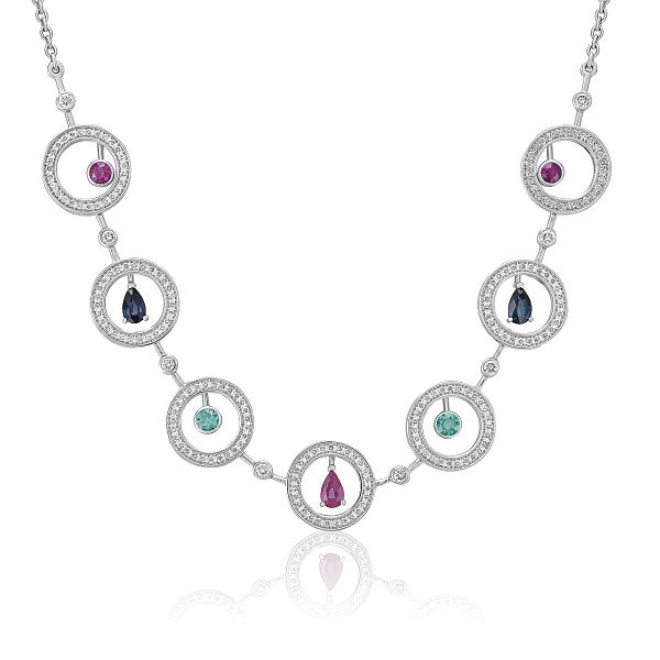 Колье из белого золота с рубинами, бриллиантами, сапфирами и изумрудами